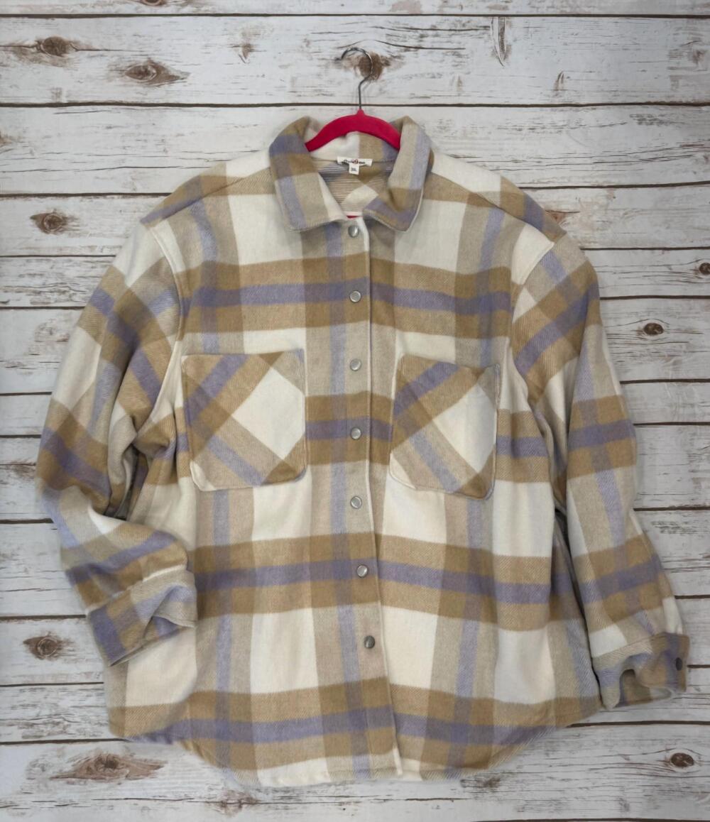 NEW GEEGEE women's plaid shacket in lavender/ tan